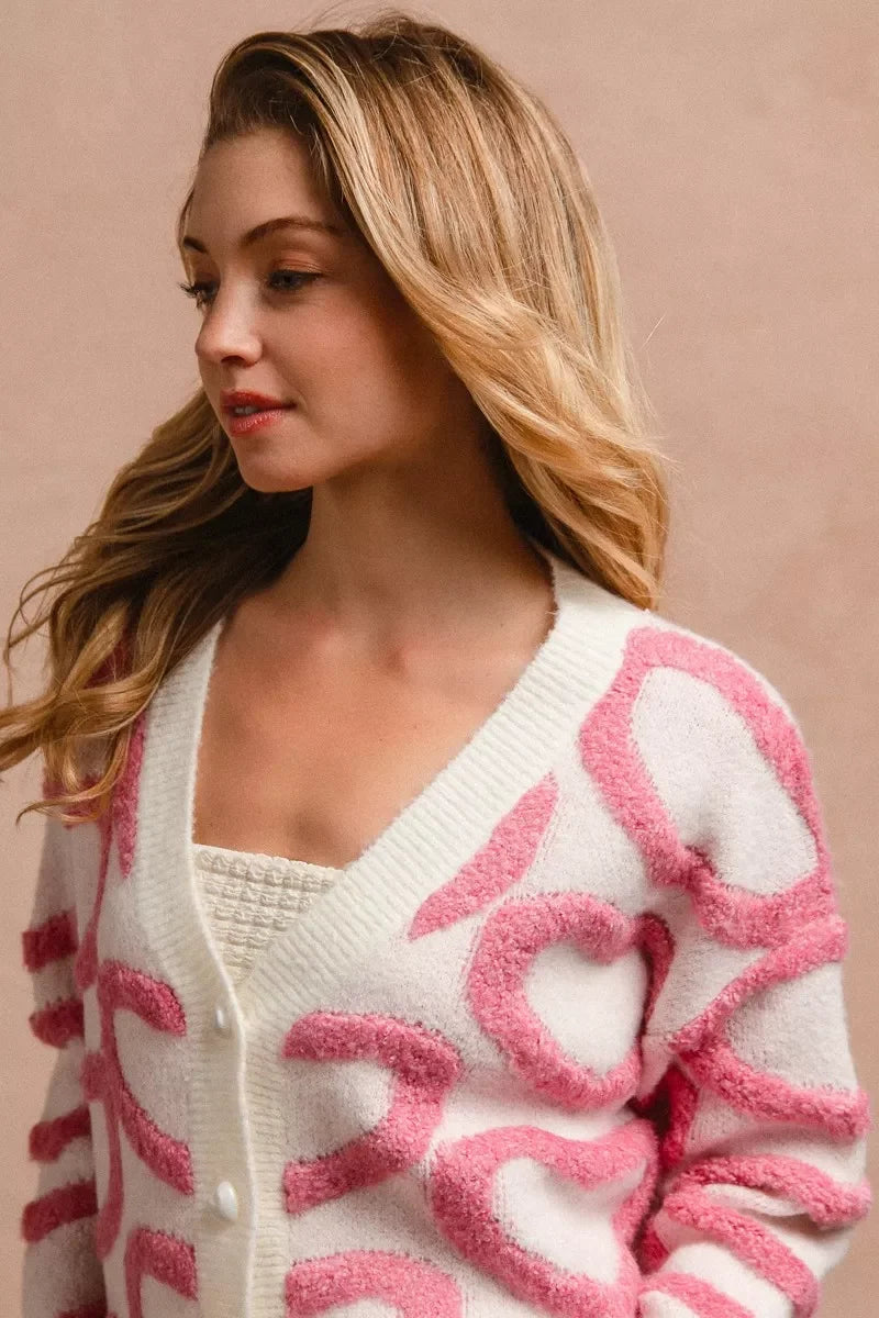 BiBi Textured Heart Buttoned V Neck Cardigan