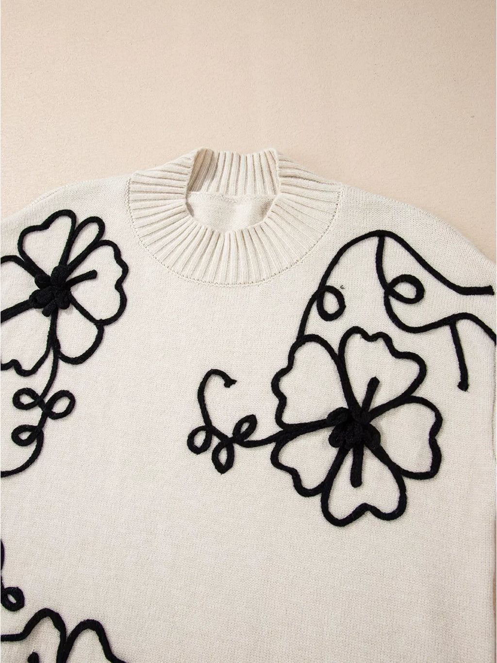 Flower Stitching Mock Neck Sweater