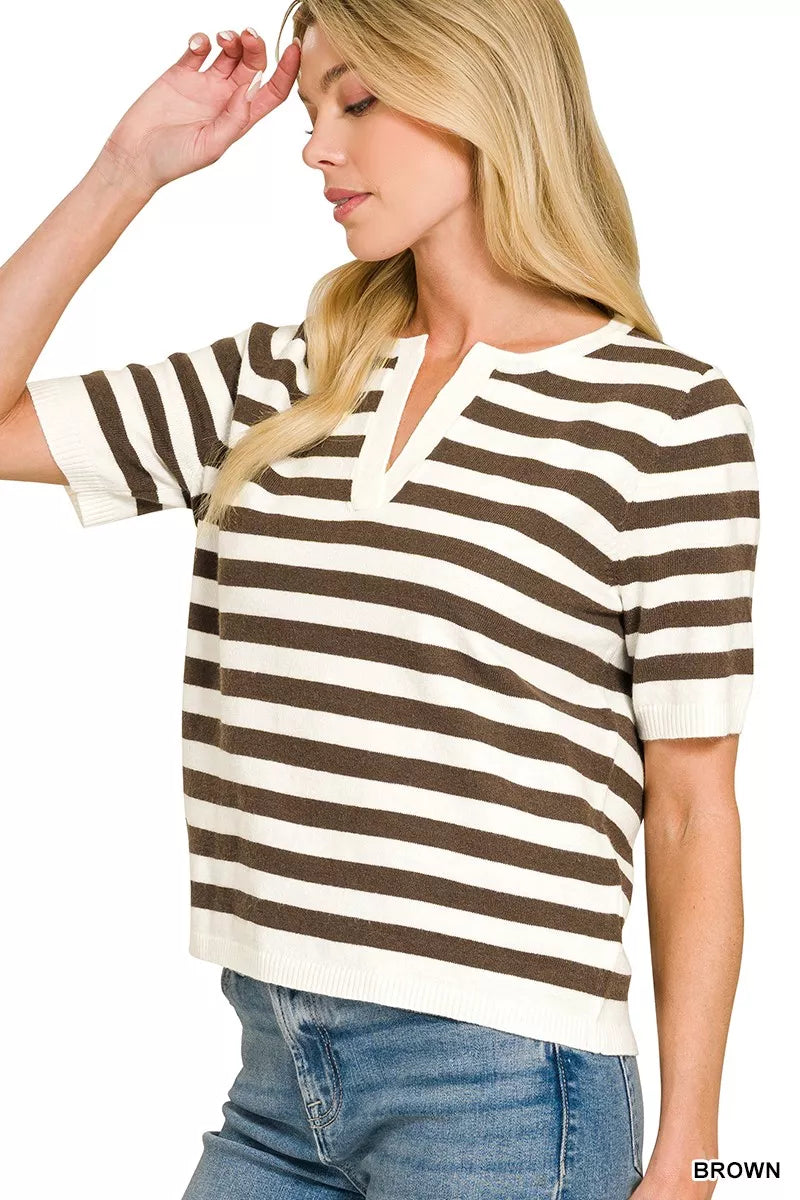 Zenana Split Neck Stripe Short Sleeve Sweater