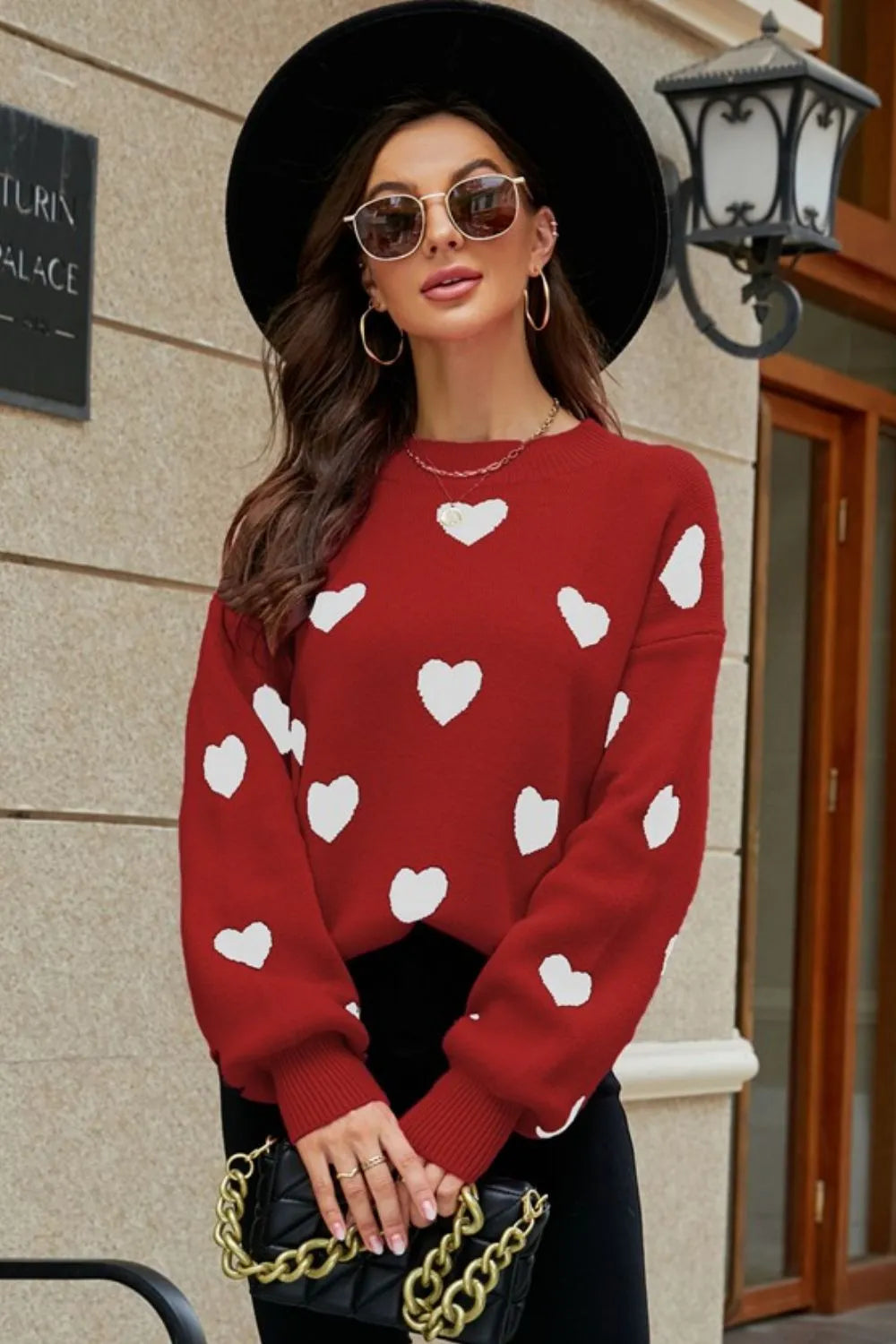 Heart Pattern Lantern Sleeve Round Neck Tunic Sweater