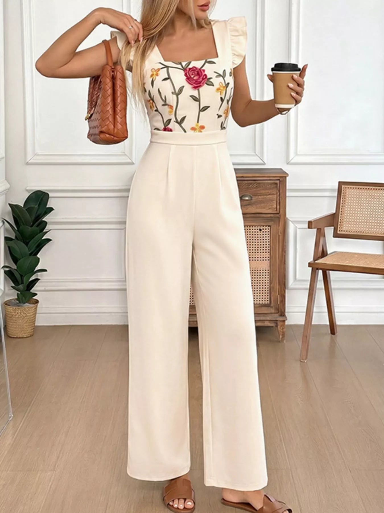 Floral Embroidered Ruffle Trim Jumpsuit