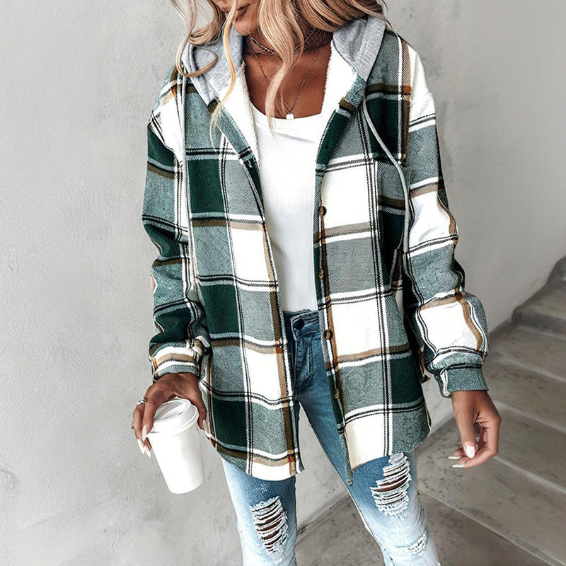 Women's Plaid Hoodie Long Sleeve Jacket With Pocket