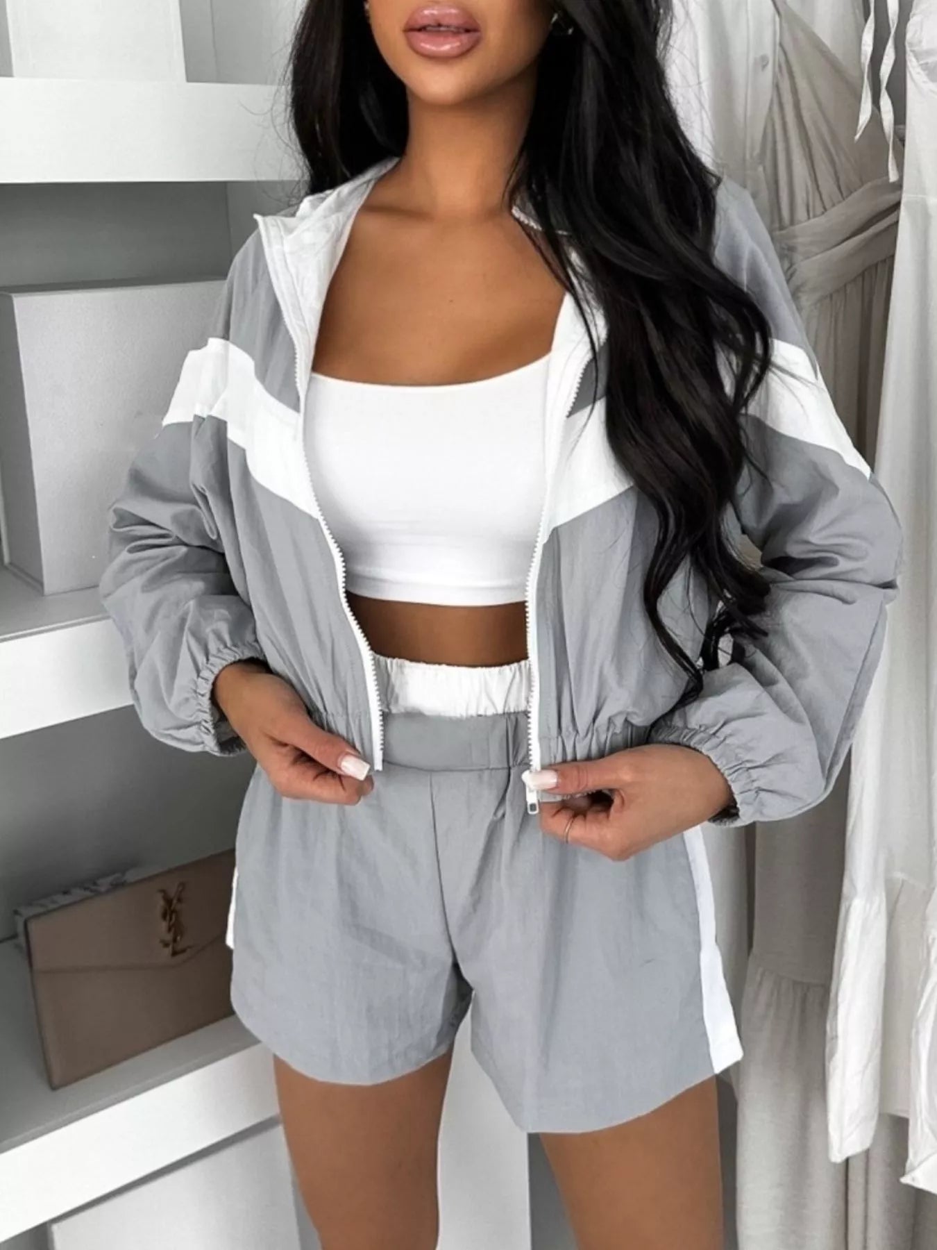 Zip Up Long Sleeve Outerwear and Shorts Set