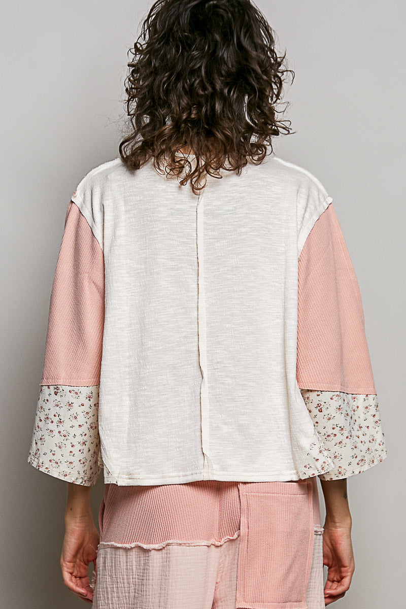 POL Exposed Seam Floral Patchwork Round Neck Textured Slub Knit Top