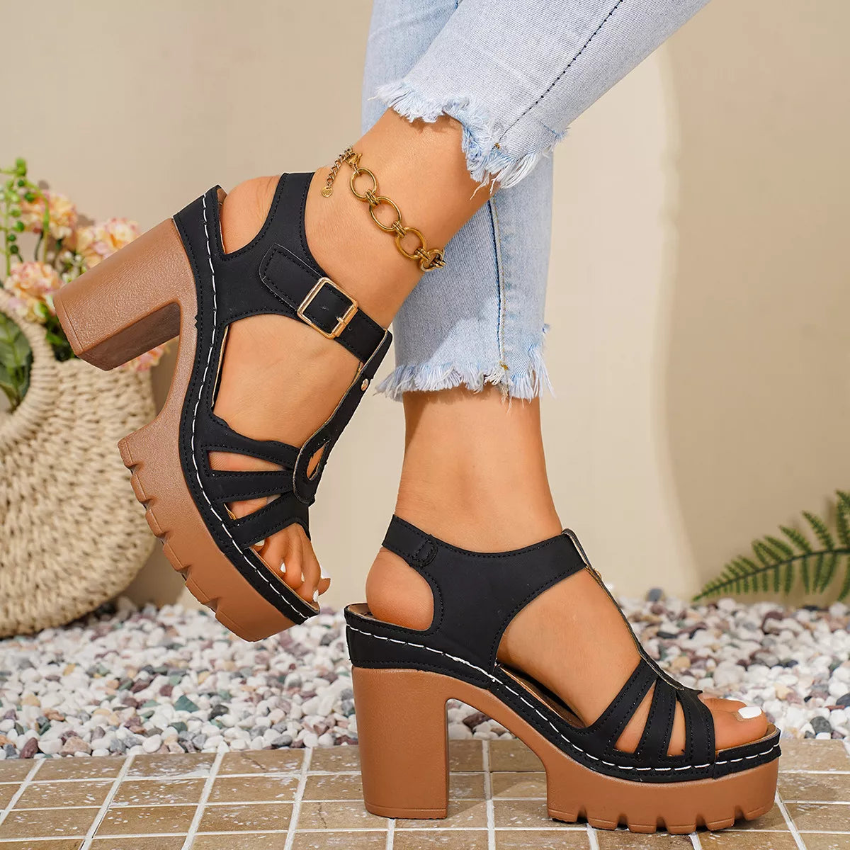 Open Toe Block Heels Sandals