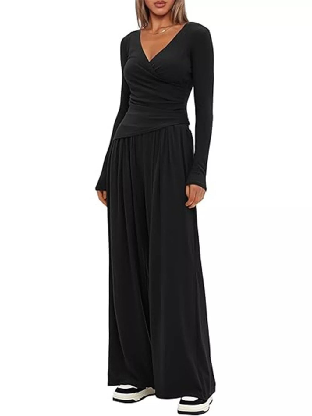 Casual Long Sleeve Top and Wide Leg Pants Set