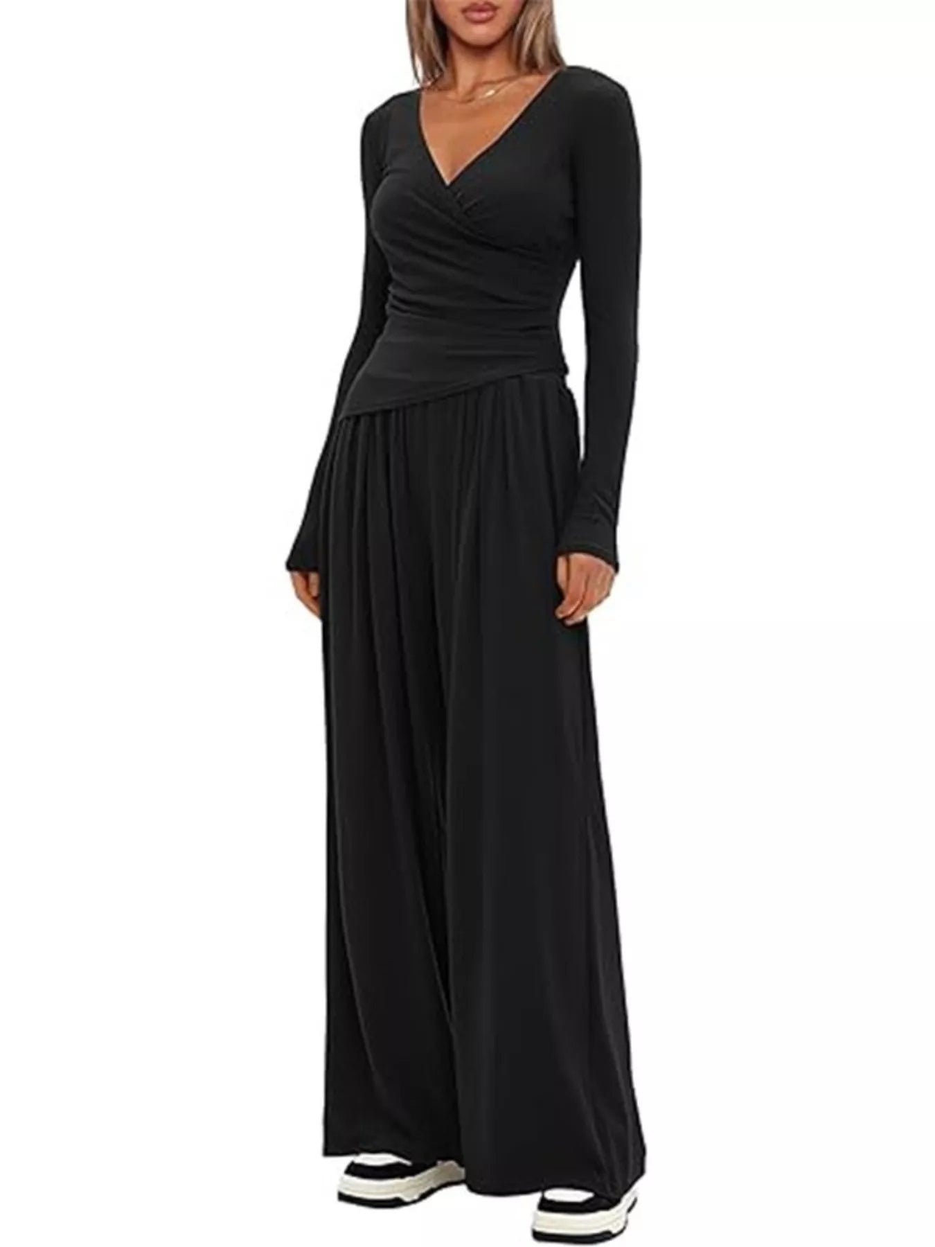 Casual Long Sleeve Top and Wide Leg Pants Set