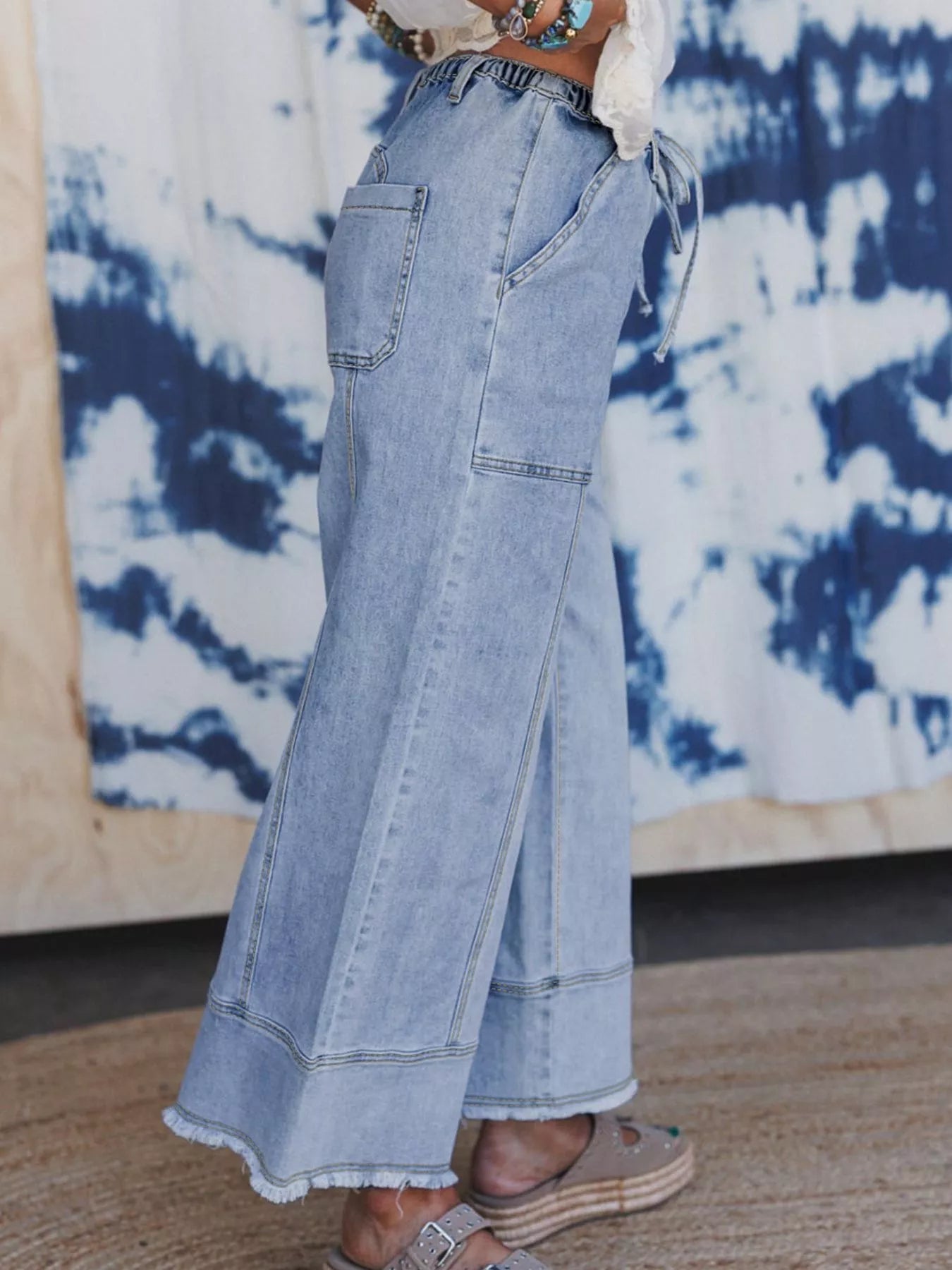 Wide Leg Drawstring Raw Hem Jeans