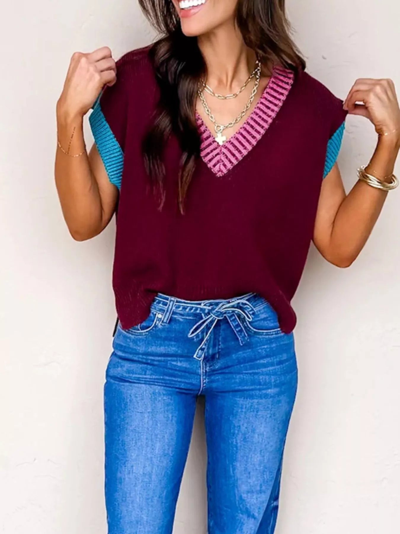 Contrast Trim V-Neck Sweater Vest