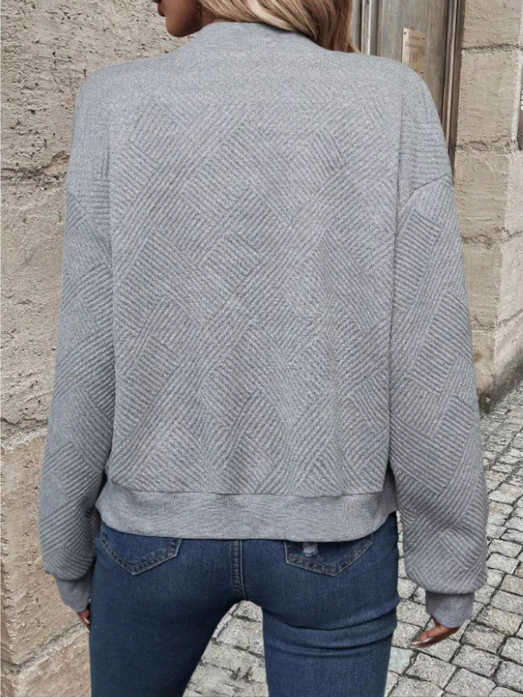 Textured Knit Zip-Up Bomber Jacket