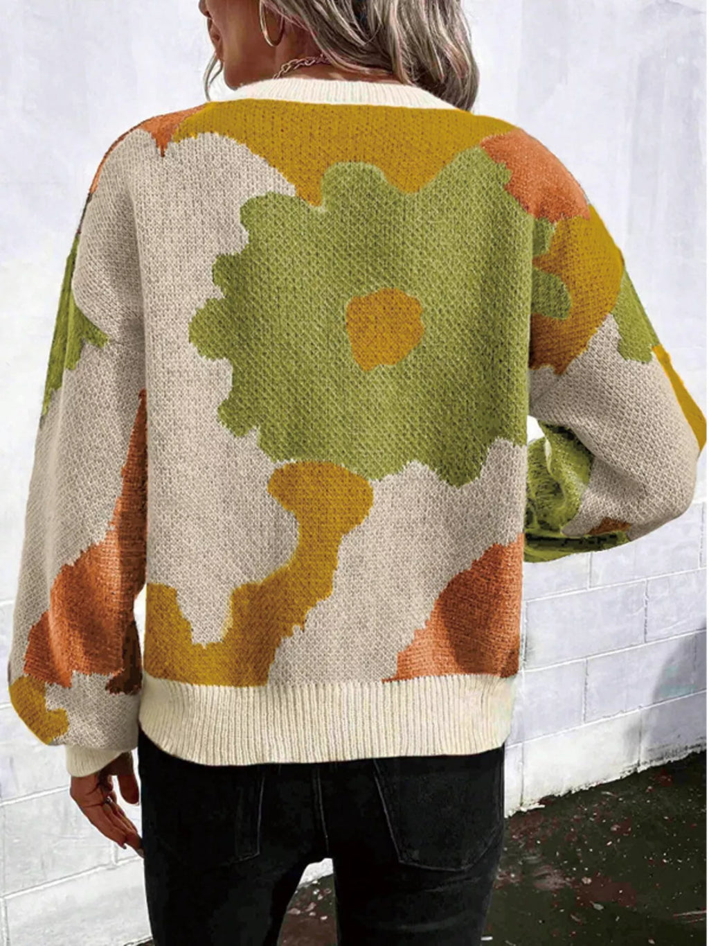 Floral Pattern Round Neck Sweater