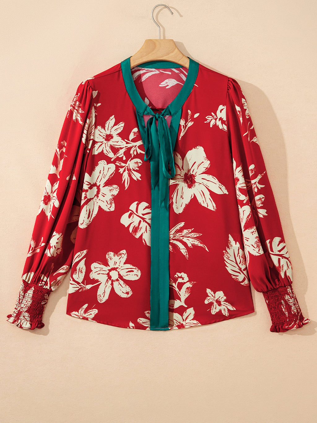 Contrast Tied Neck Shirred Puff Sleeve Flower Blouse