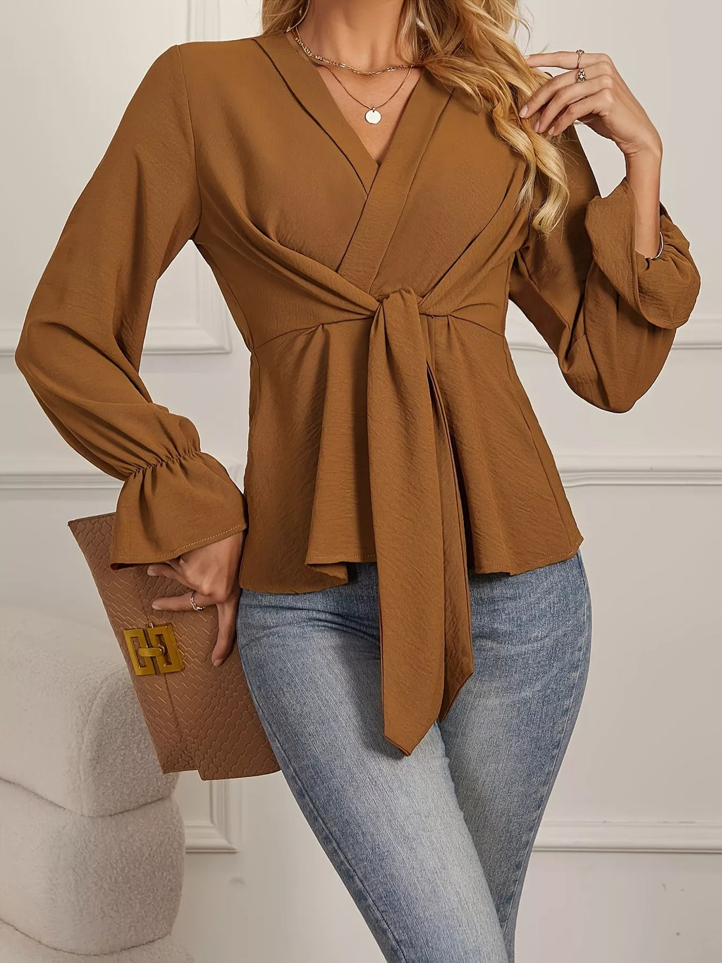Knot Front Long Sleeve Blouse