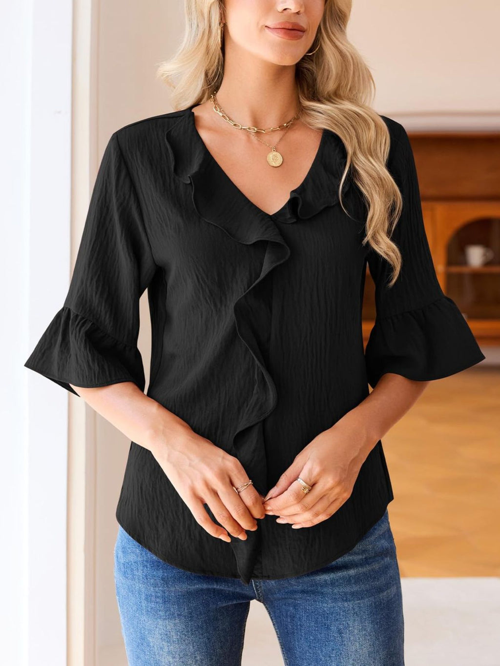 Ruffle V-Neck Flounce Sleeve Blouse