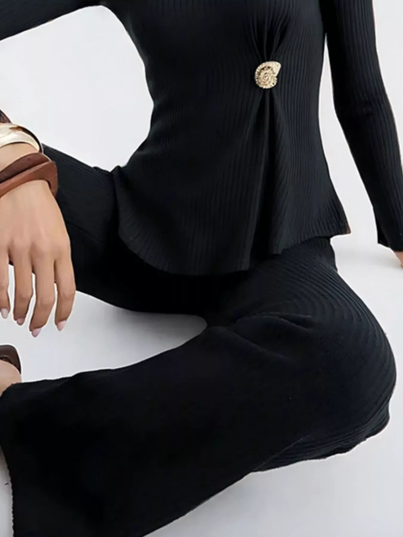 Ribbed Knit Round Neck Top and Pants Sweater Set