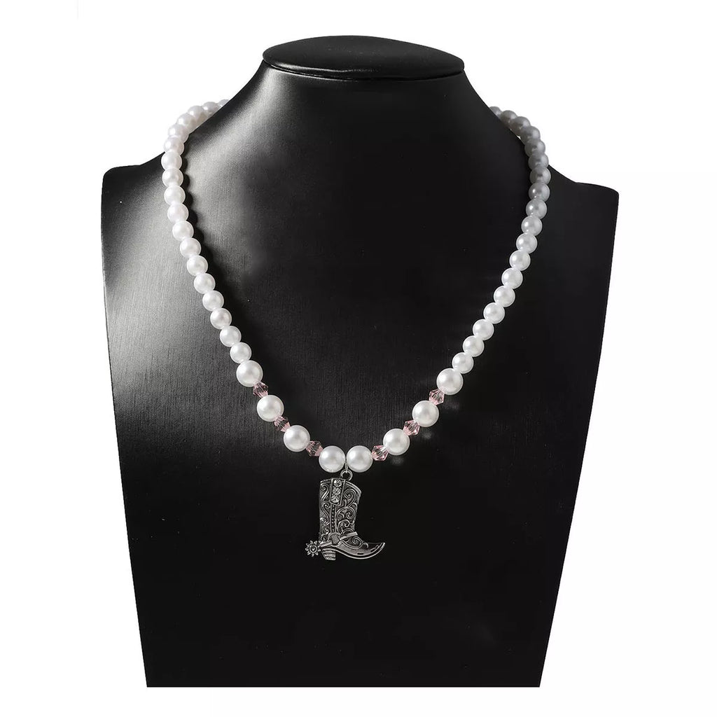 Pearl Beaded Cowboy Boot Necklace