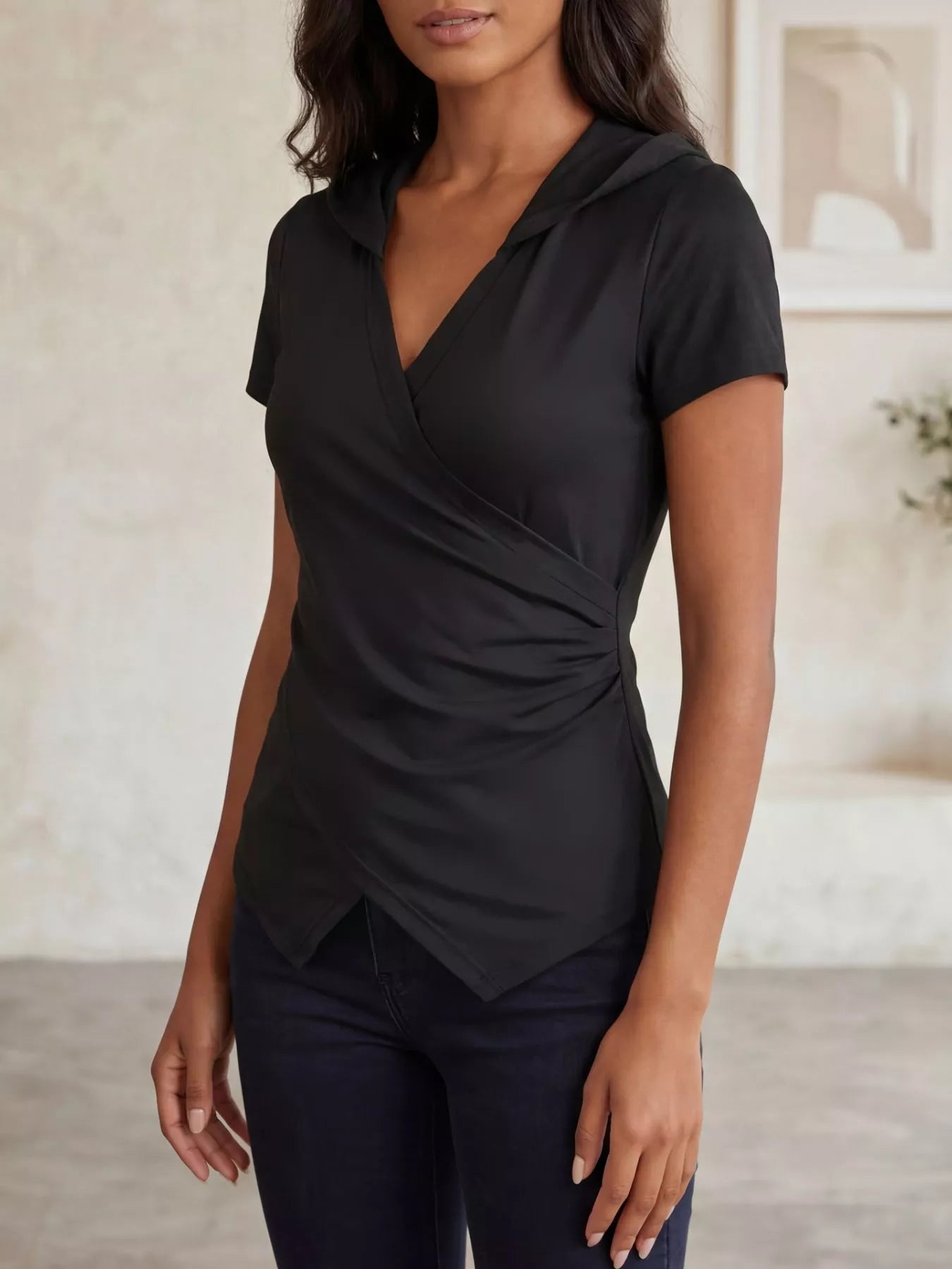 Hooded Wrap Front Slim Fit Top