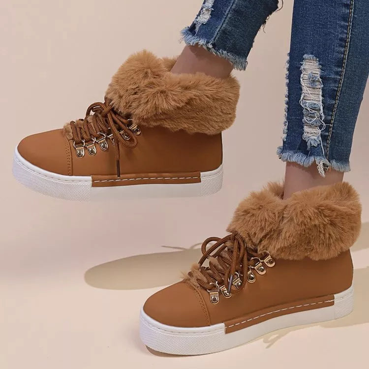 Fuzzy Trim Lace-Up Ankle Boots