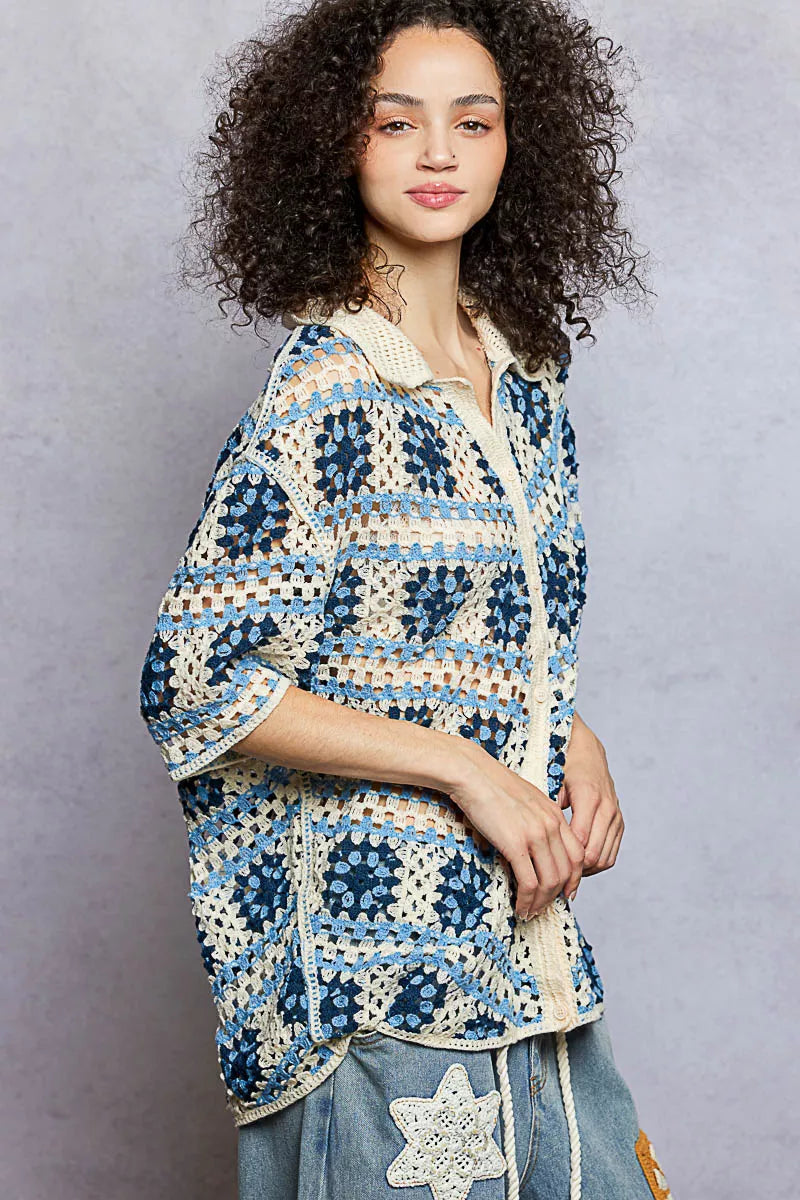 POL Openwork Short Sleeve Crochet Shirt with Border Accents