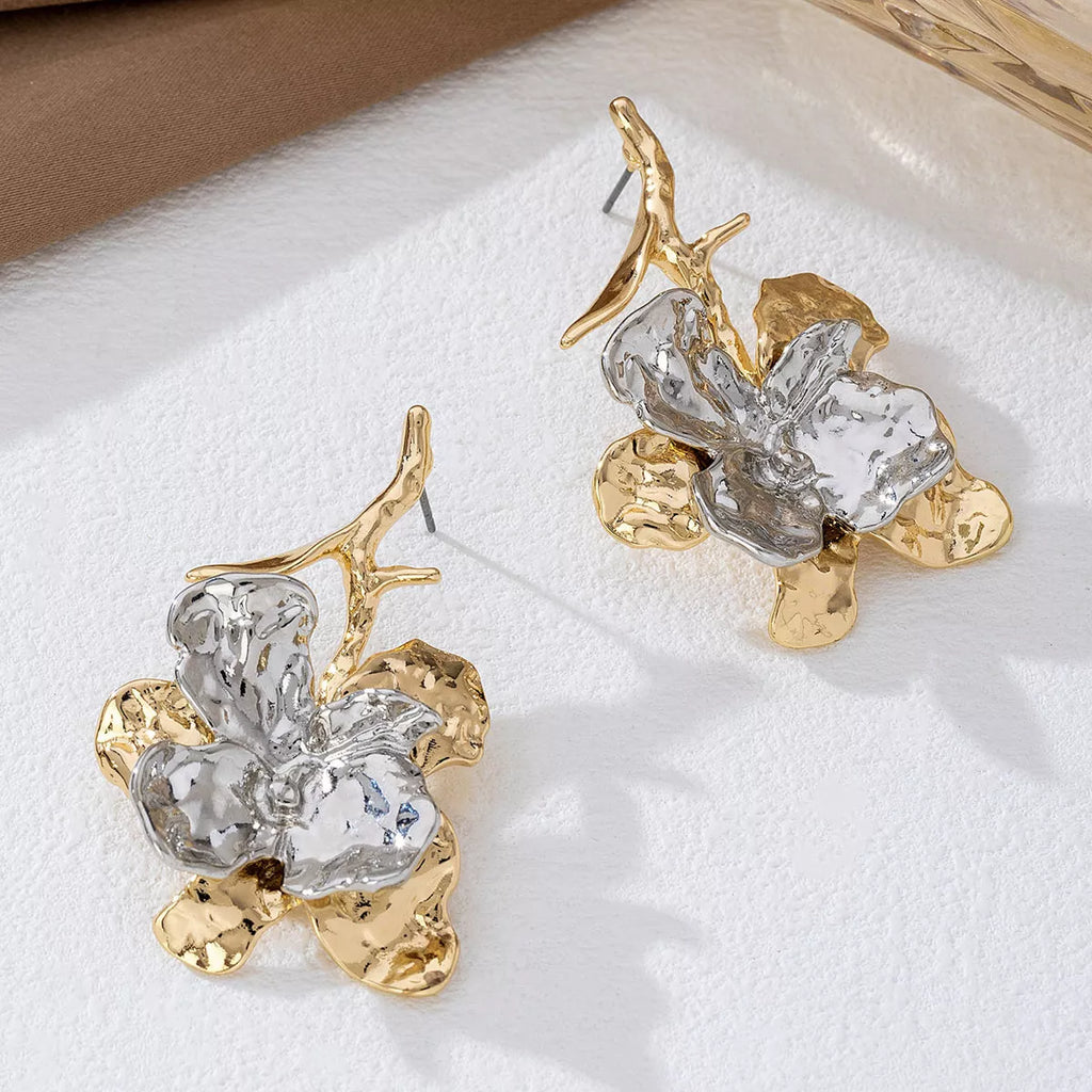 Stainless Steel Flower Statement Drop Earrings