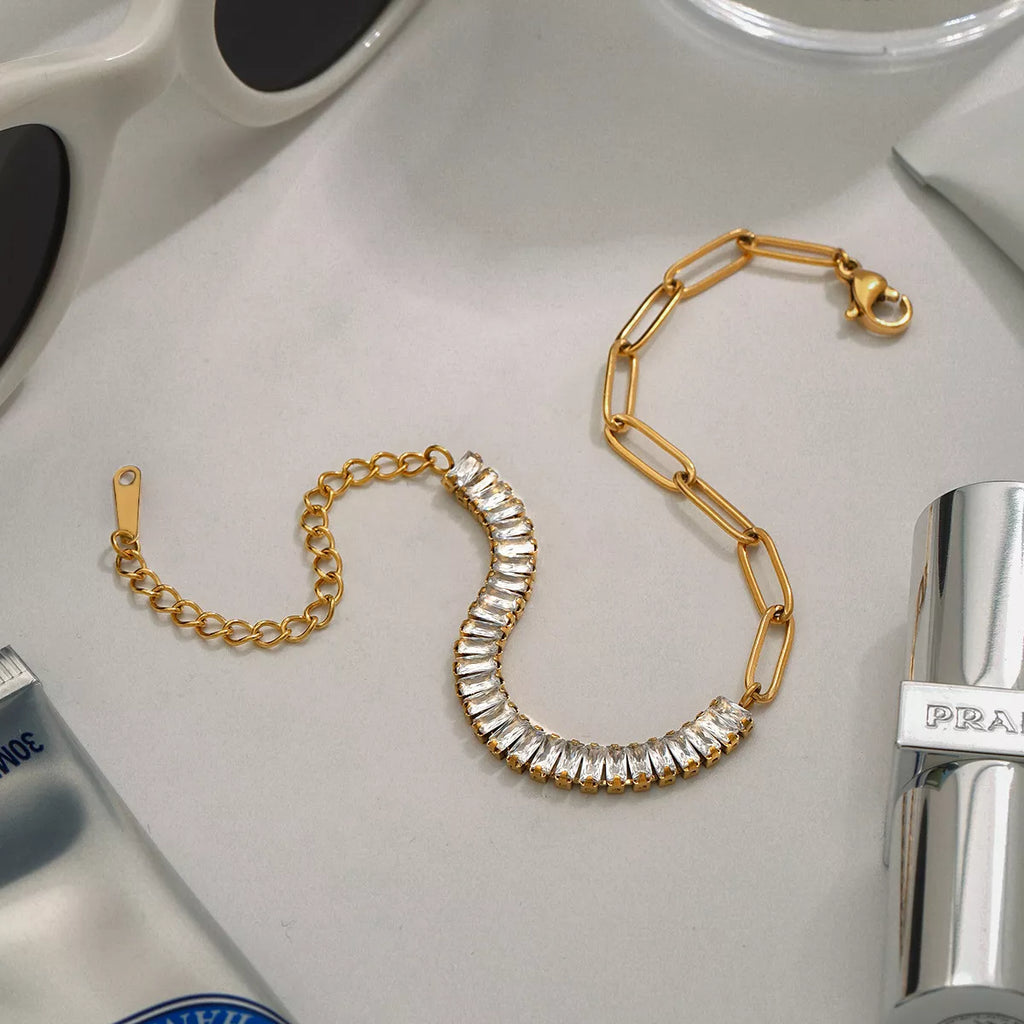 18K Gold-Plated Stainless Steel Rhinestone Chain Bracelet