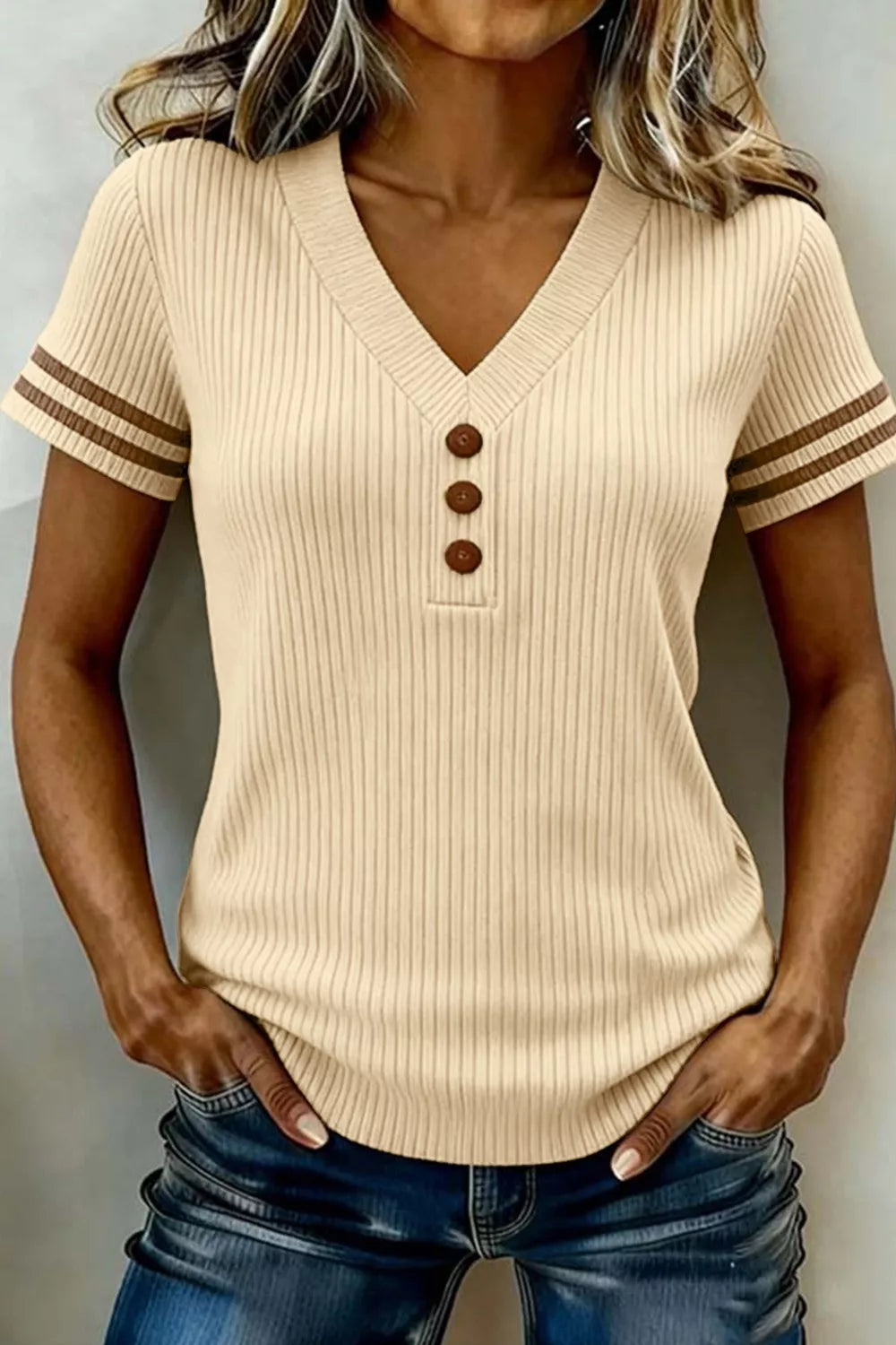 Ribbed V-Neck Knit Top