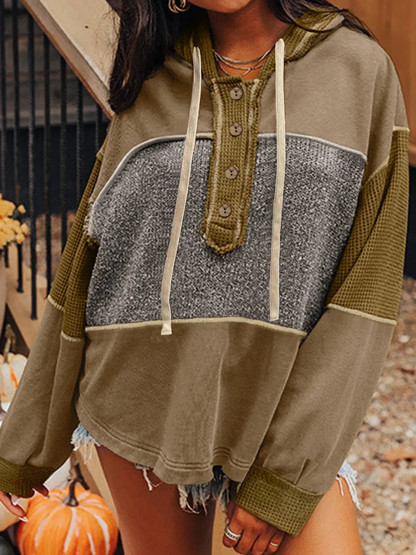 Mixed Texture Patchwork Exposed Seam Half Button Hoodie