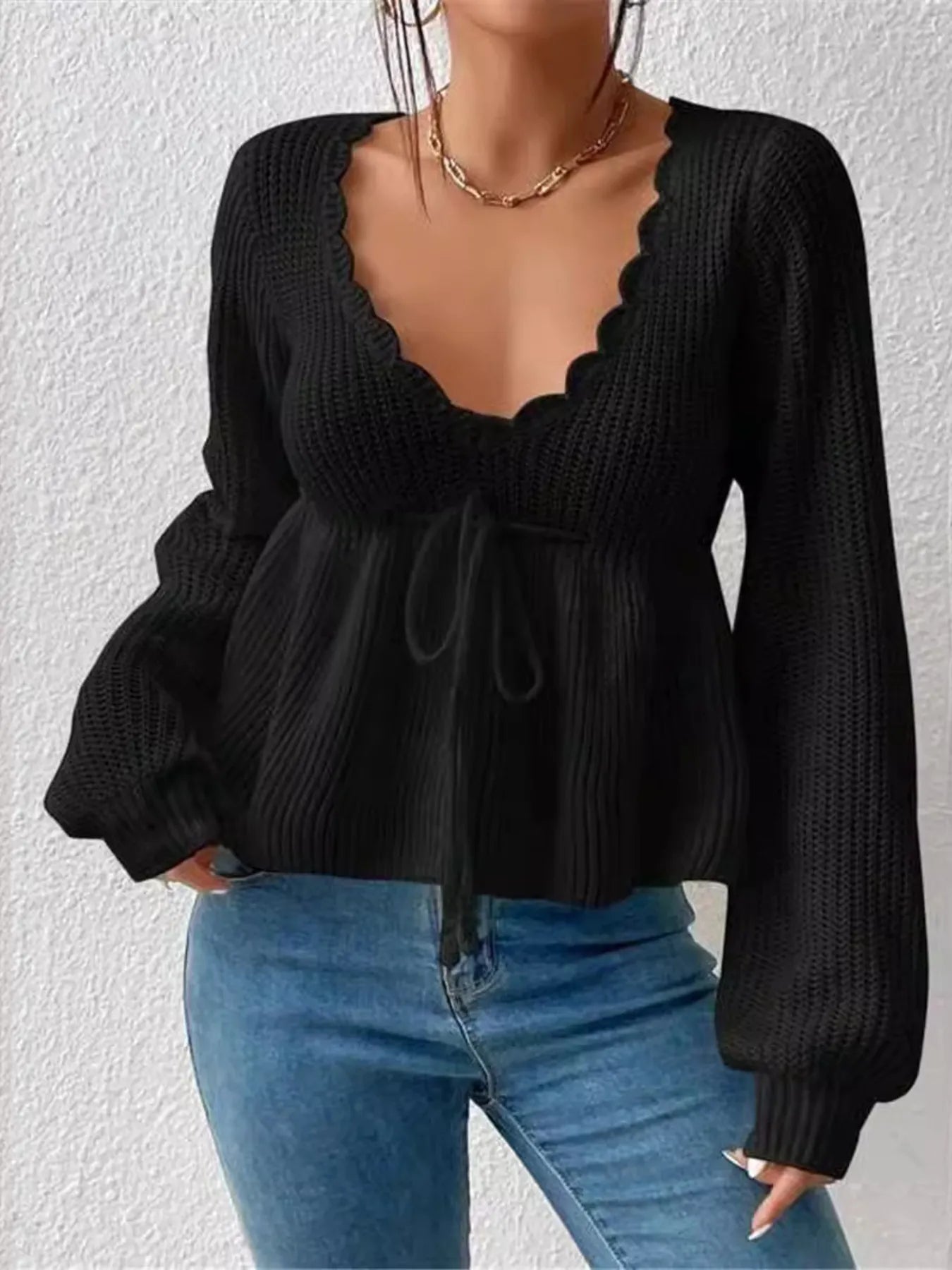 Scalloped V-Neck Drawstring Knit Top