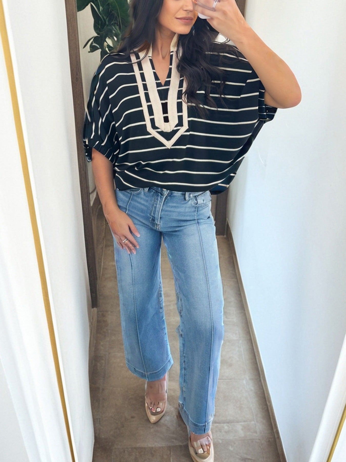Stripe Stand Collar V Neck Elastic Cuffs Half Sleeve Dolman Top