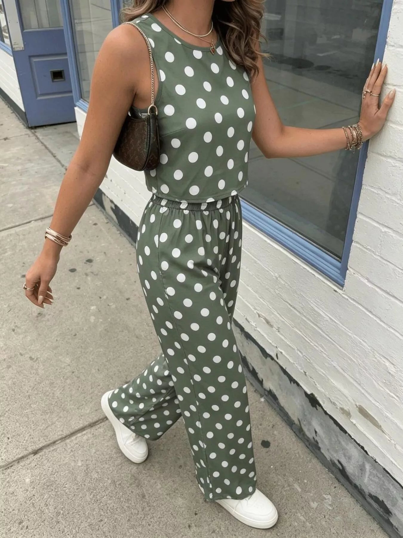 Polka Dot Sleeveless Top and Wide Leg Pants Set