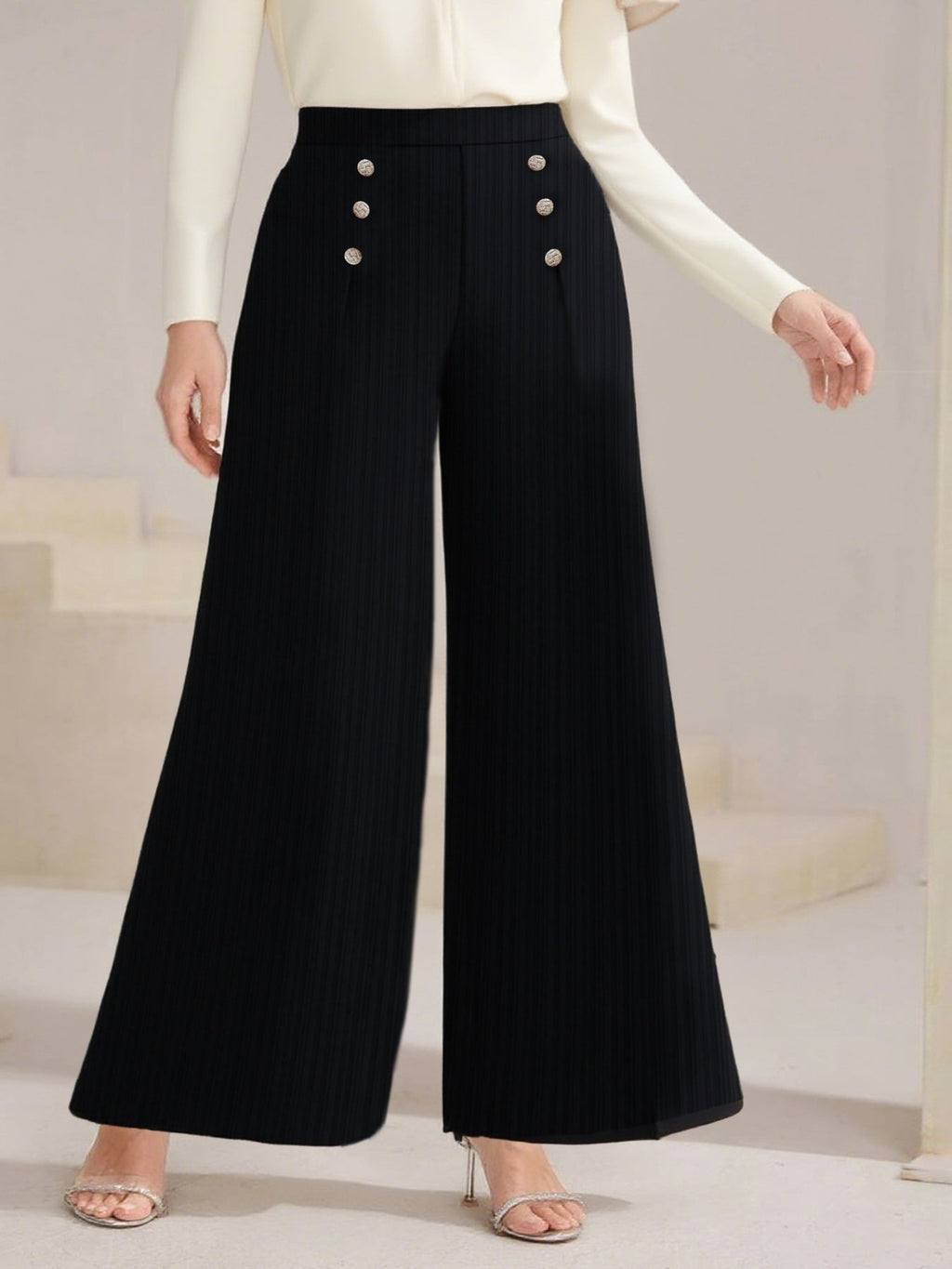 Plus Size High Waist Wide Leg Button Decor Pants