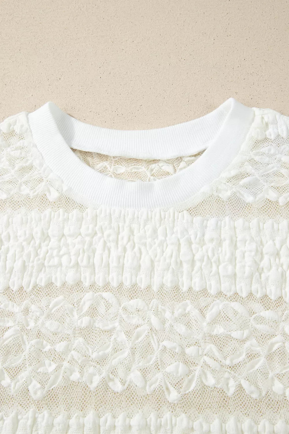 Sheer Lace Textured Patchwork Short Sleeve Top