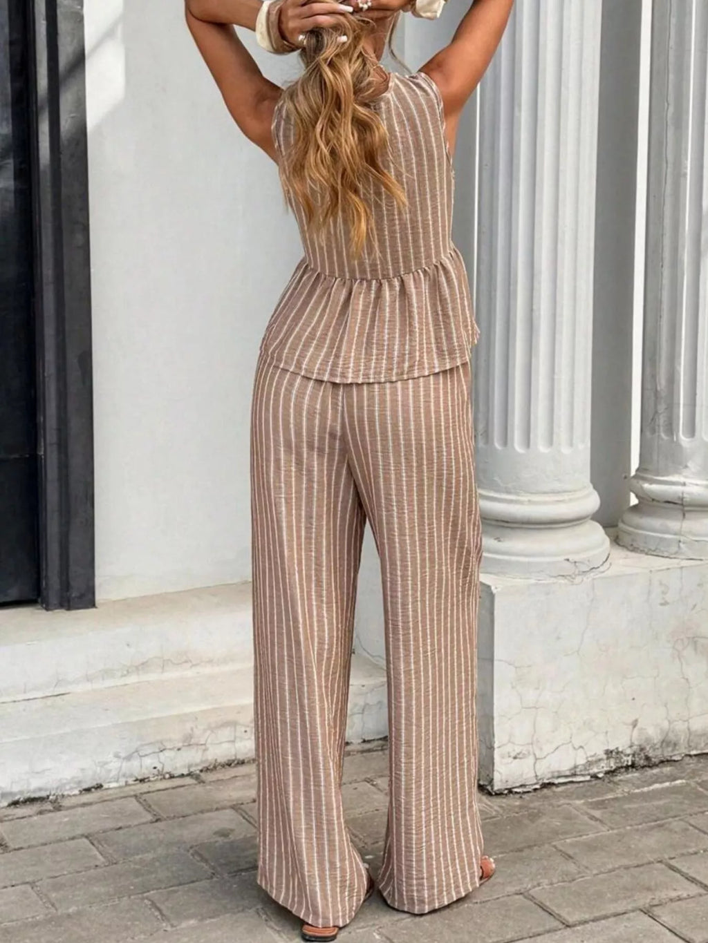 Striped Sleeveless Top and Wide Leg Pants Set