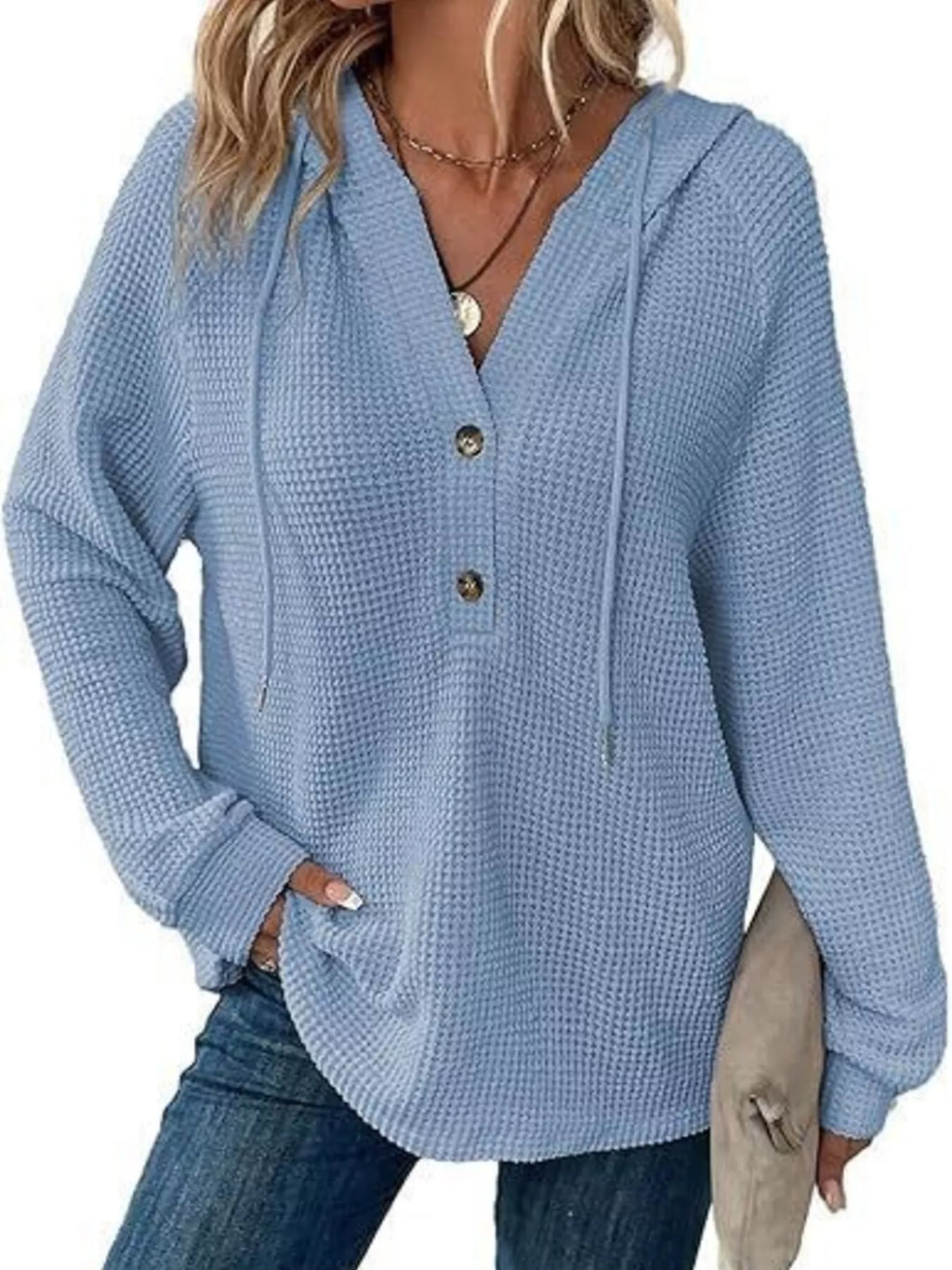 Full Size Button Detail Waffle Knit Hoodie Plus Size