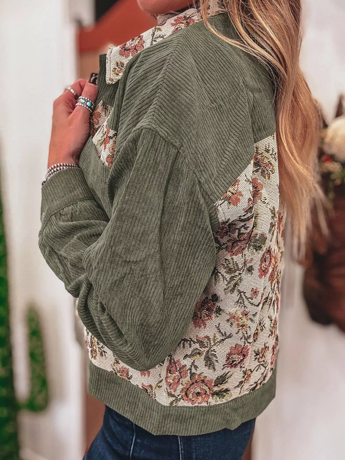 Floral Snap Down Corduroy Jacket
