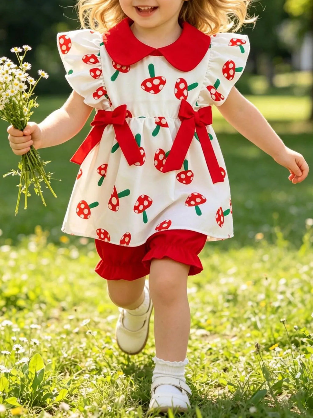 Children's Mushroom Print Ruffle Trim Top & Shorts Set