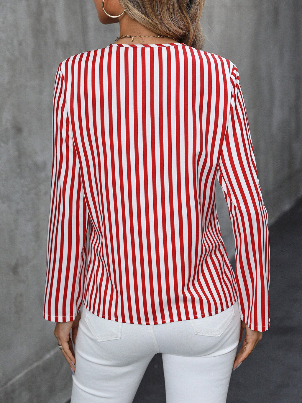 Striped V-Neck Roll-Up Sleeve Blouse