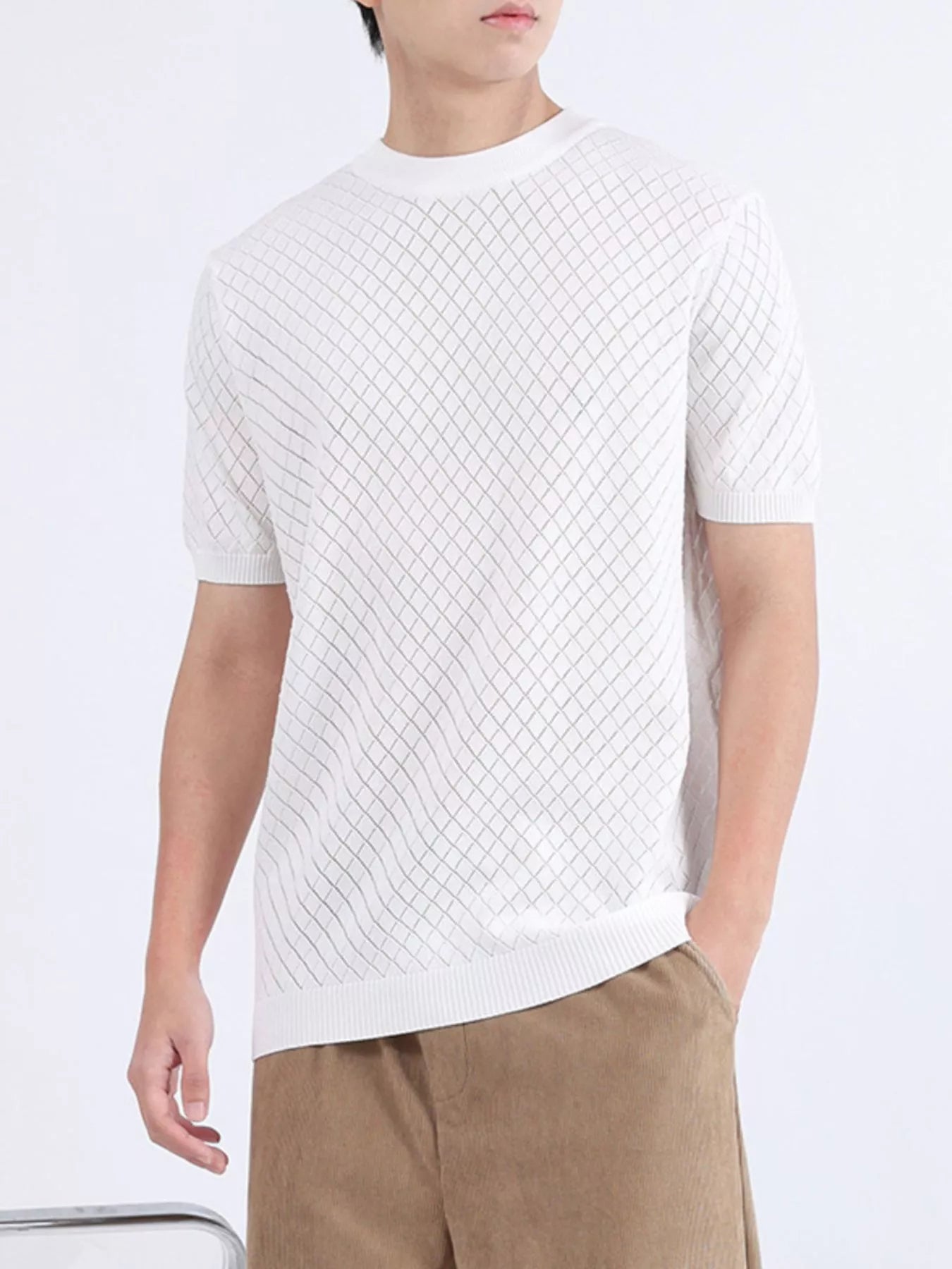 Men's Plus Size Diamond Pattern Knitted Short Sleeve T-Shirt