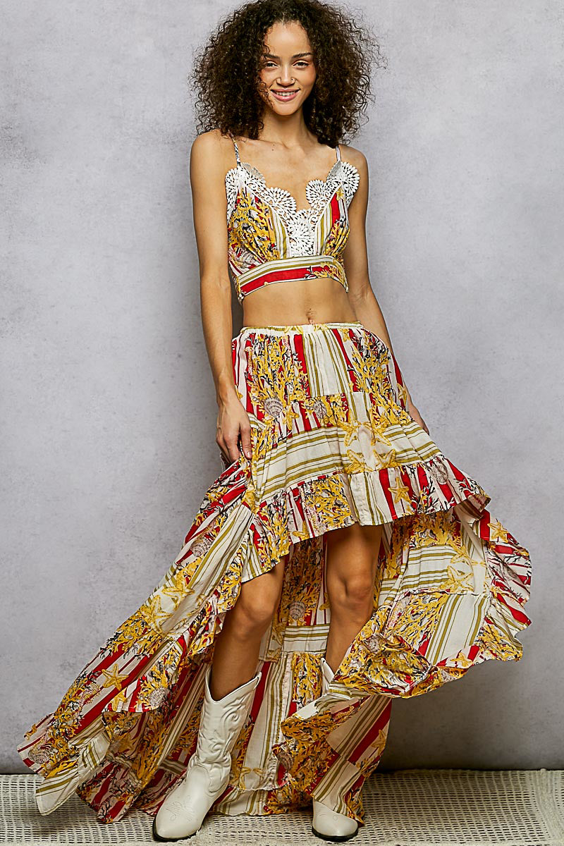 POL Boho Chic Floral Print Crop Top and High-Low Skirt Set
