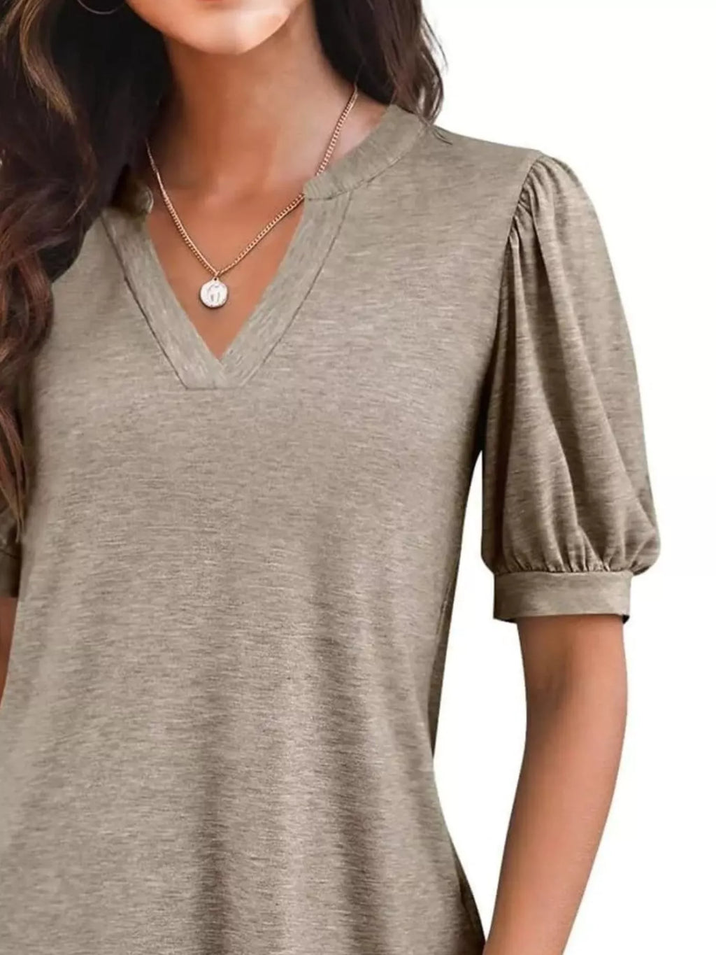 Puff Sleeve Notched Casual T-Shirt
