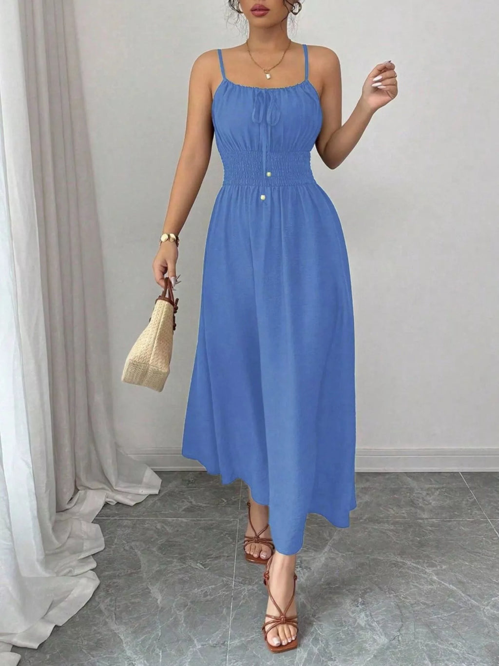 Smocked Spaghetti Strap Midi Dress