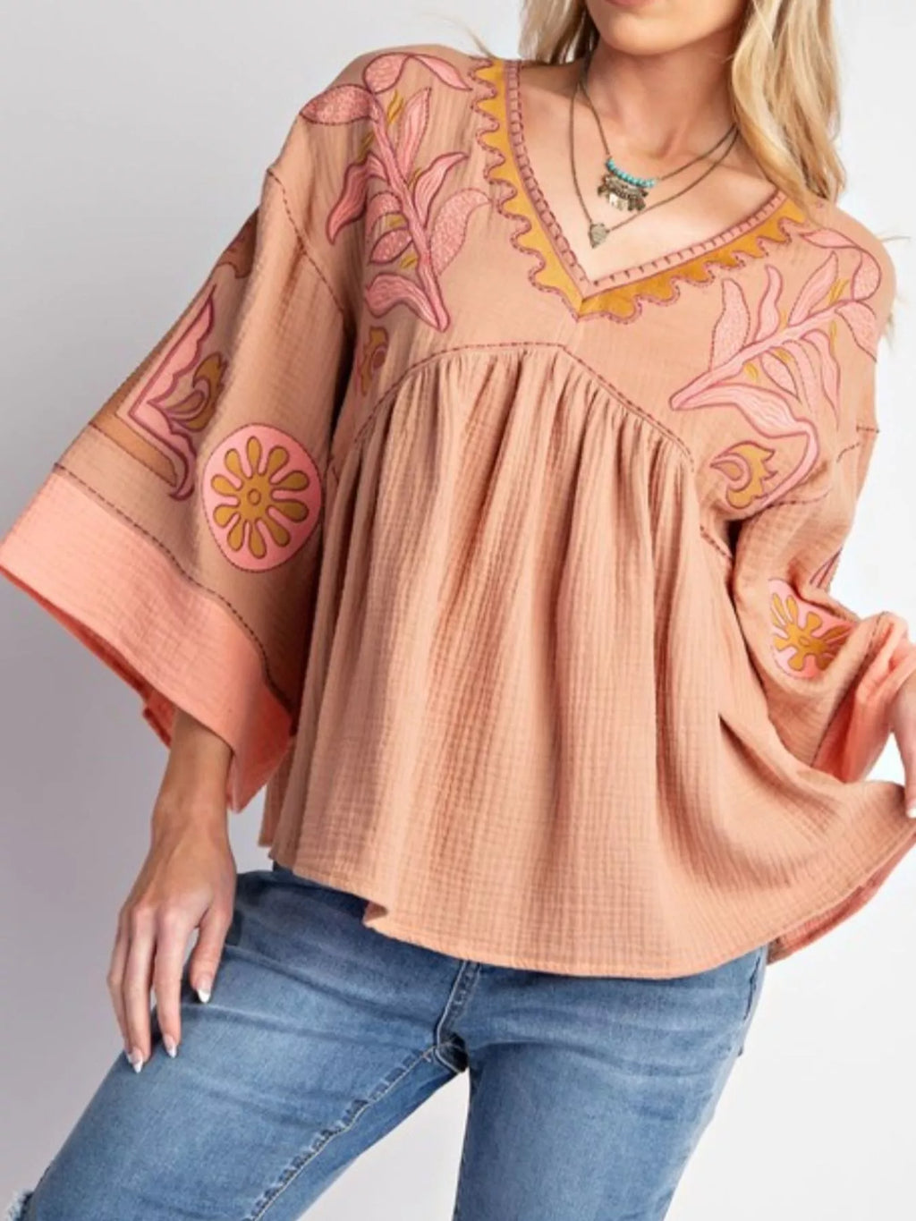Printed V-Neck Top with Contrast Trim Details