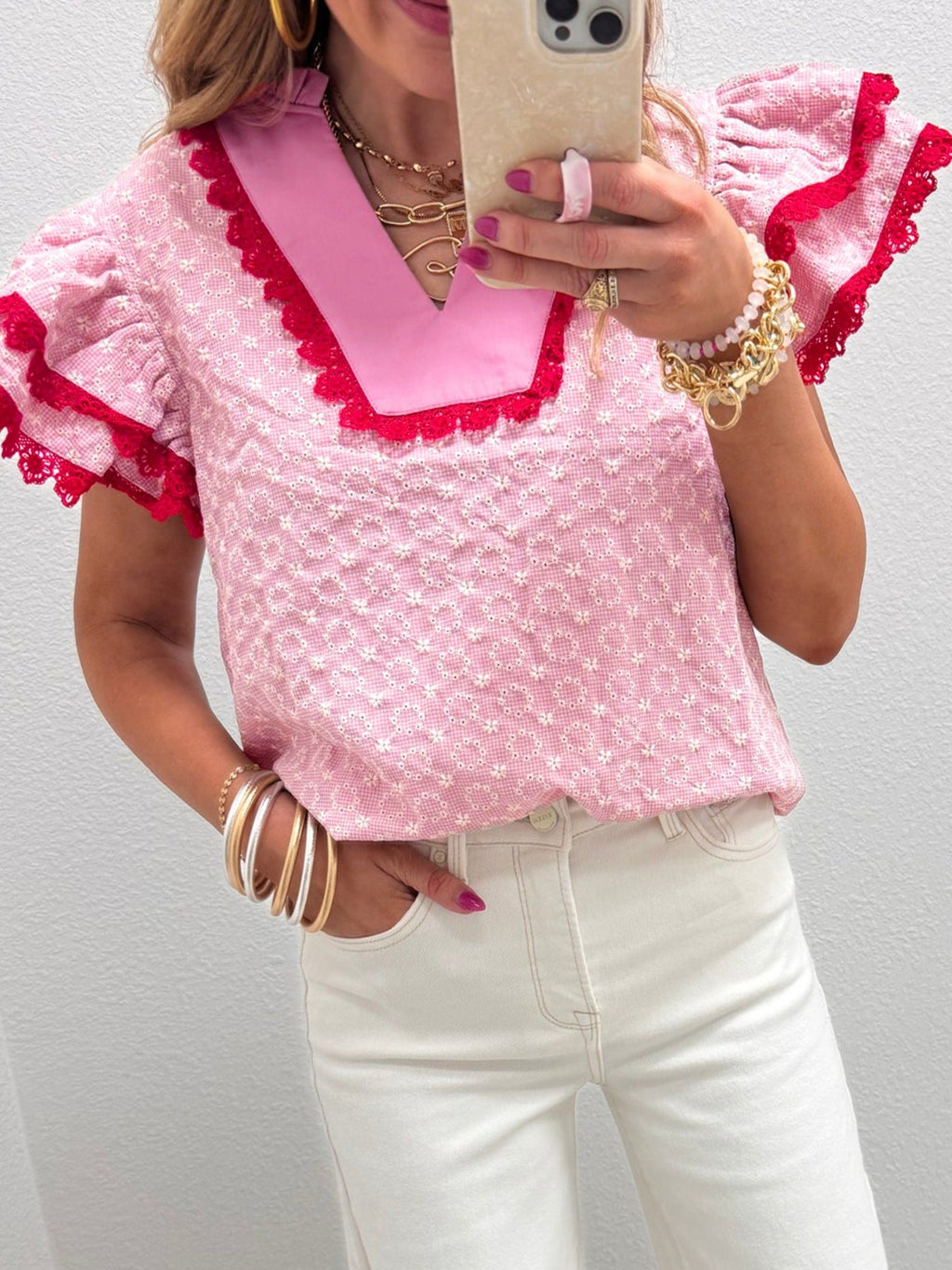 Eyelet Embroidered Flower Texture Contrast Lace Trim Flutter Sleeve Blouse