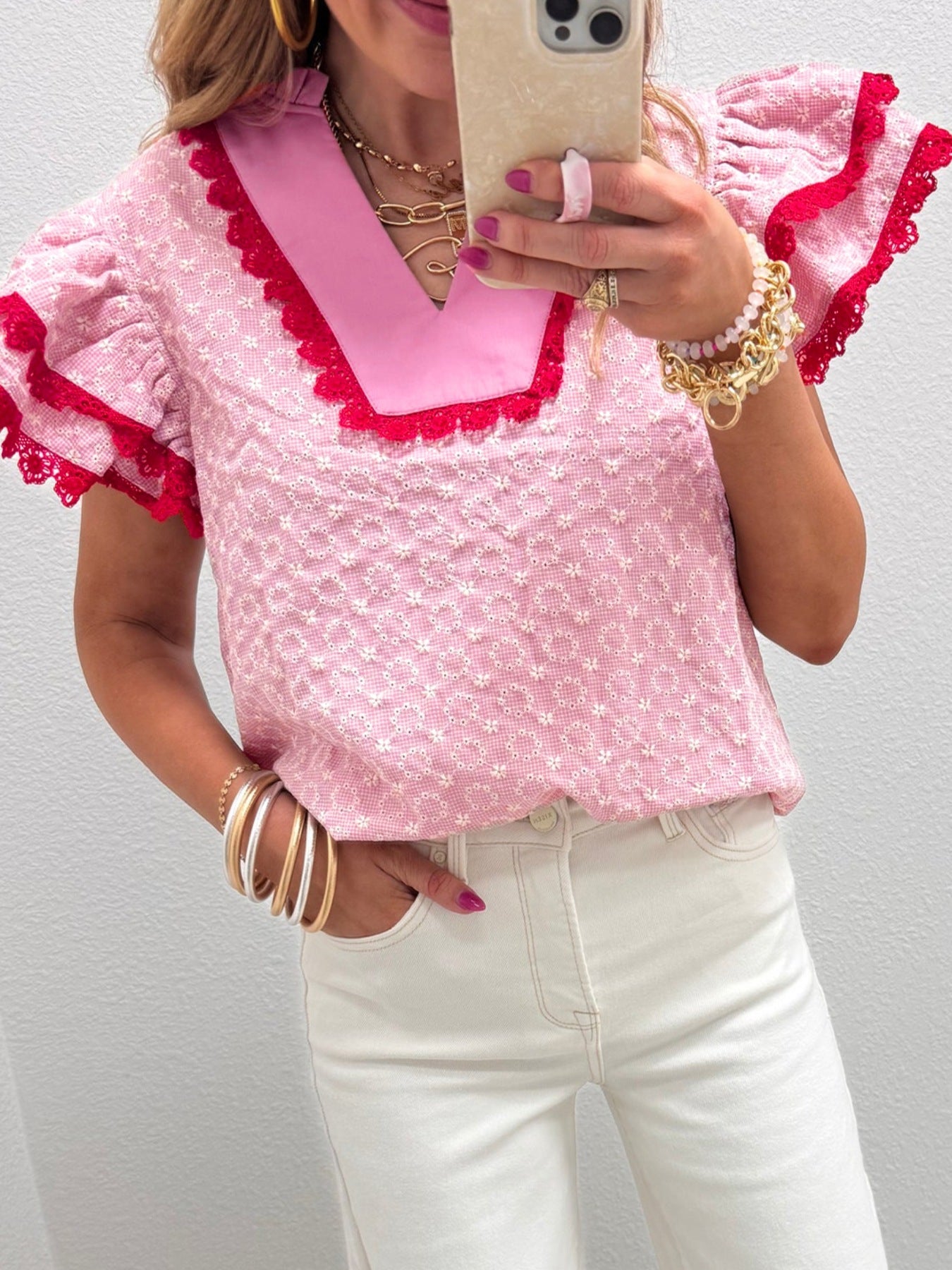 Eyelet Embroidered Flower Texture Contrast Lace Trim Flutter Sleeve Blouse