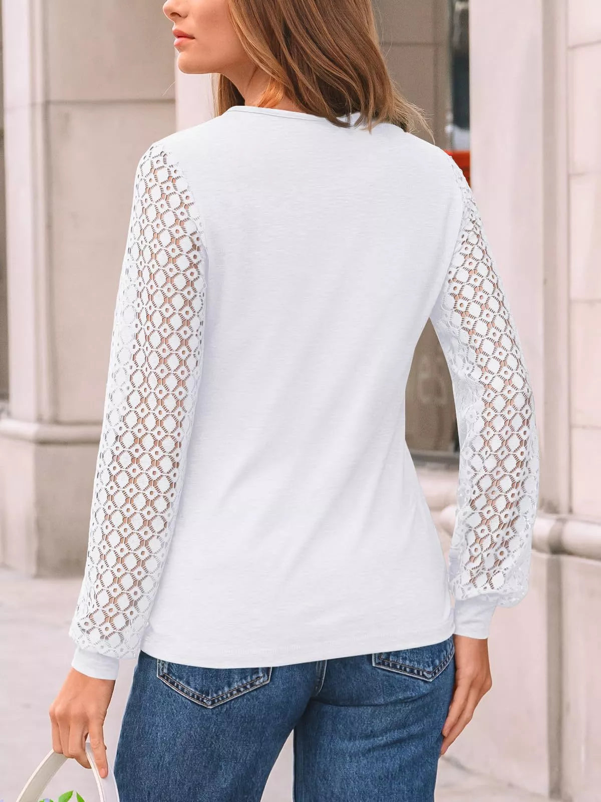 Lace Sleeve Crew Neck T-Shirt