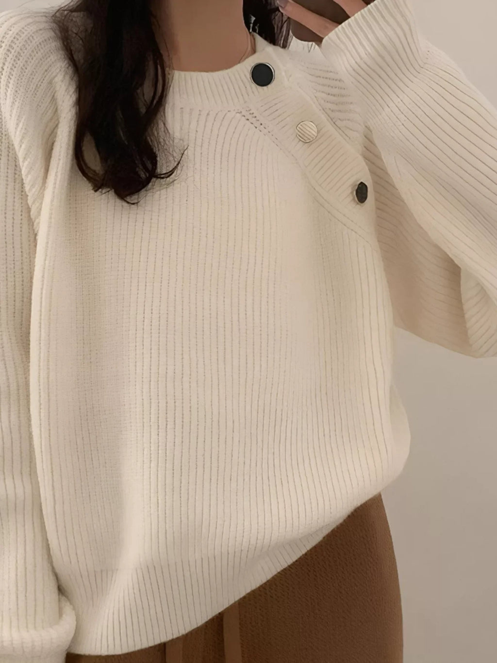 Button-Decorated Round Neck Sweater