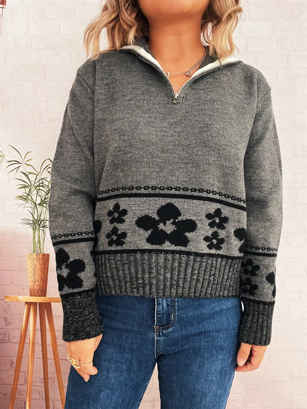Flower Zip Collar Long Sleeve Sweater
