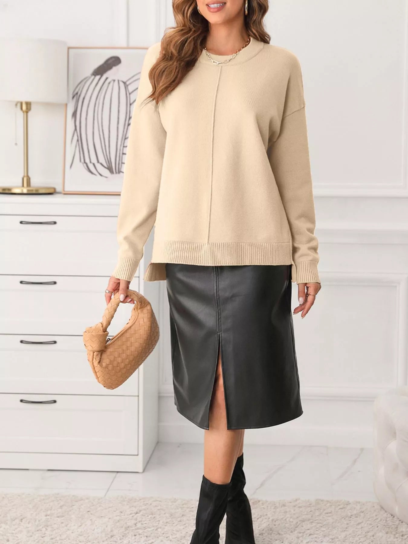 Front Center Seam Drop Shoulder Solid Sweater
