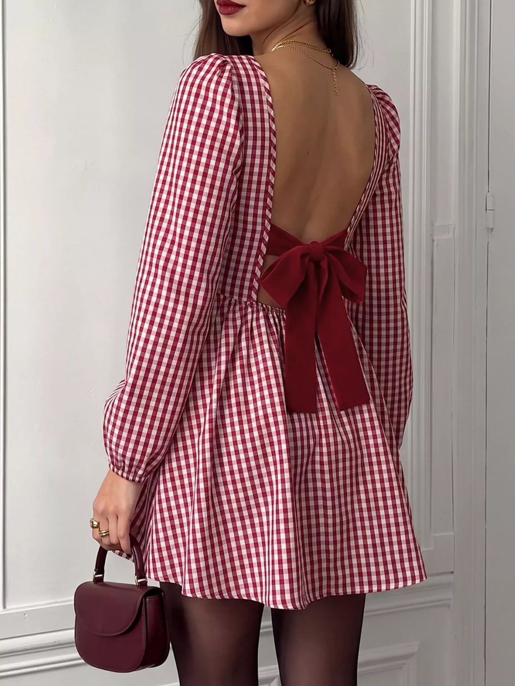 Backless Plaid Long Sleeve Dress