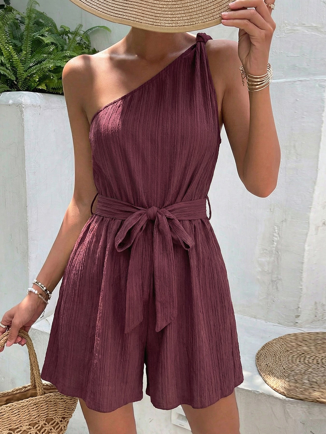 One-Shoulder Tie Waist Romper
